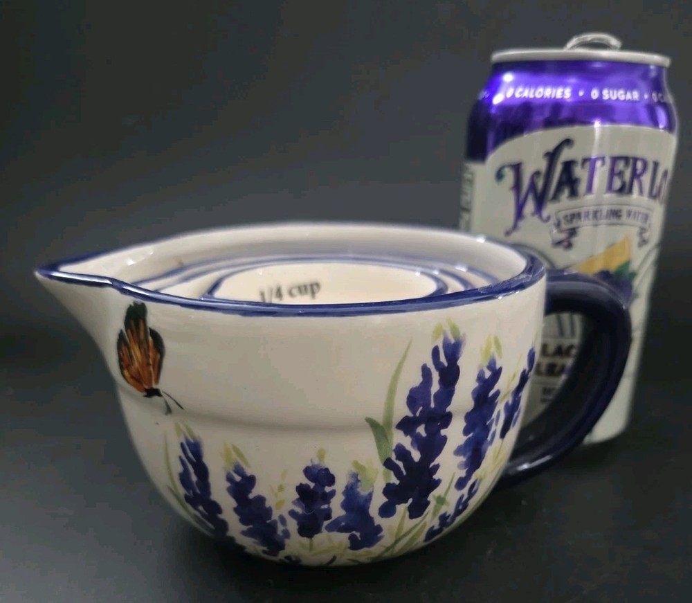 Haven Key Ceramic Nesting Measuring Cups Handpainted Blue White Florals Cottage