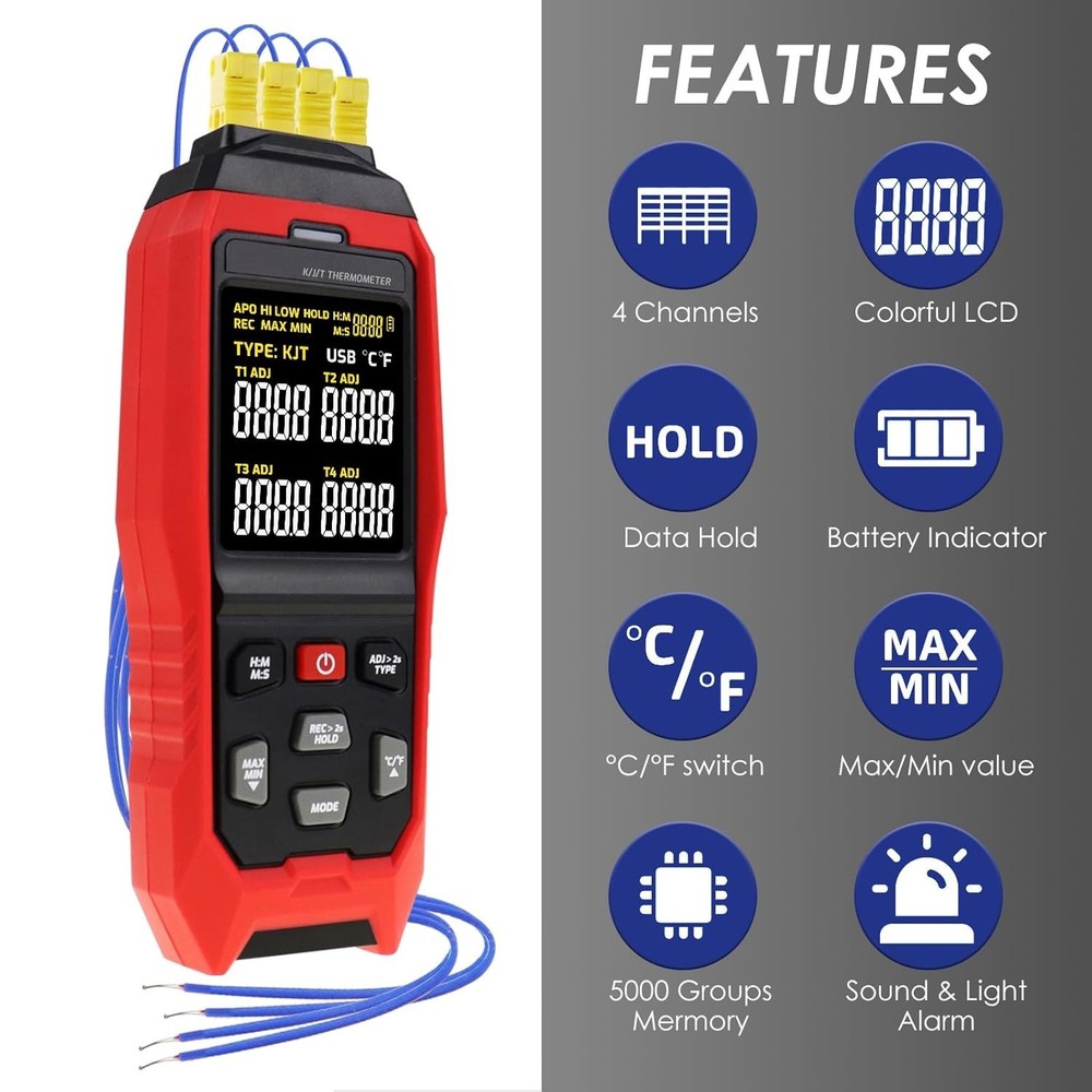 4-Channel Thermocouple Thermometer with USB Data Logging and Alarm Feature
