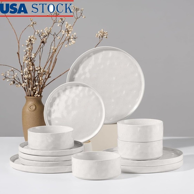 12 Piece Cosmos Ripple Stoneware Dinnerware Set Durable Safe Stackable Home Use