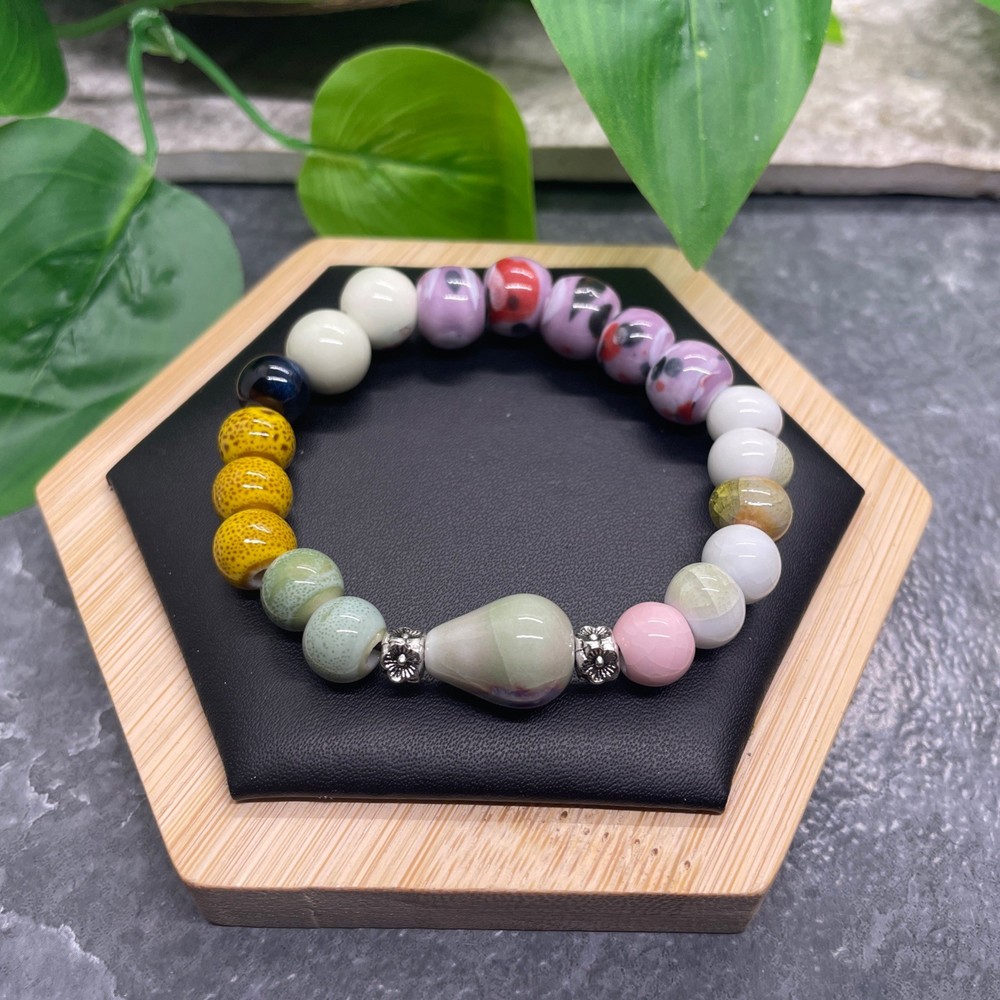 Handmade Ceramic Bead Beaded Stackable 6.25” Plus Stretch Bracelet New B518