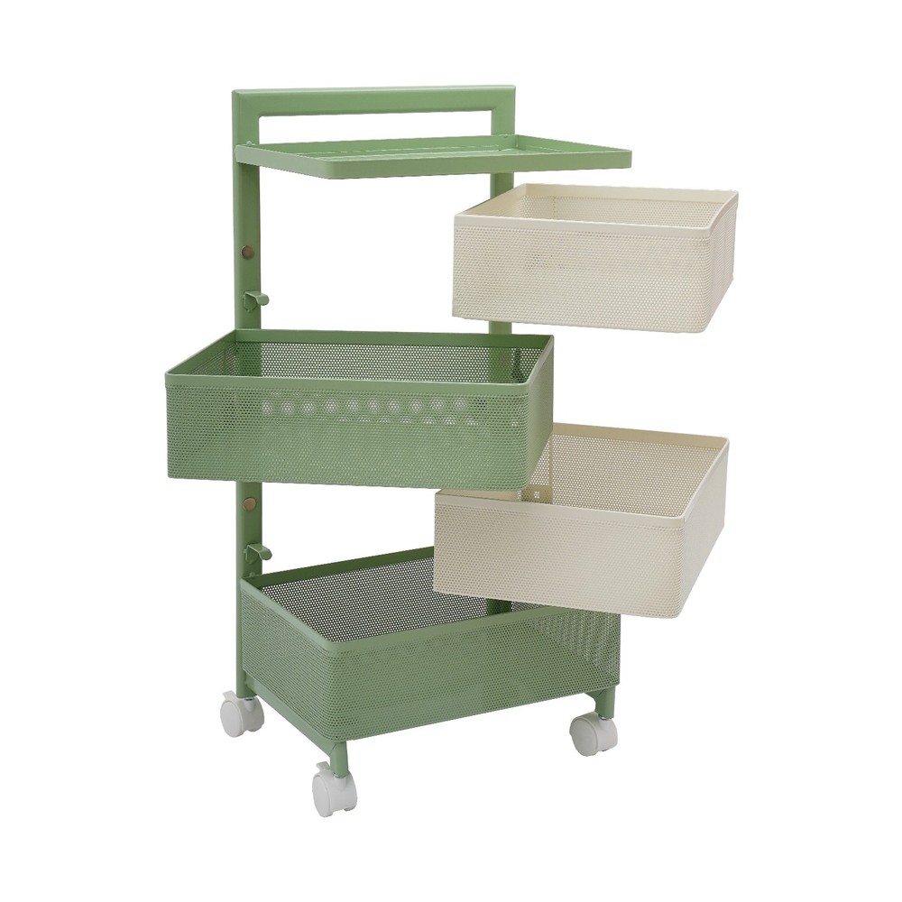 Rotating Storage Rack with Wheels, 4 Baskets, Green Modern Design