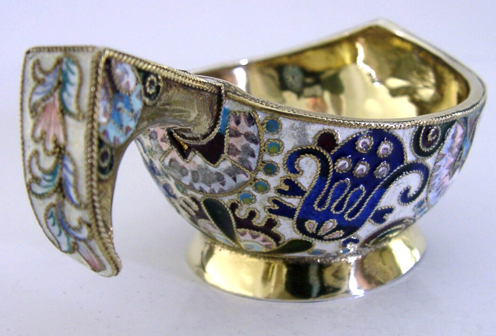 BEAUTIFUL RUSSIAN 84 SOLID SILVER GILT ENAMEL KOVSH CUP