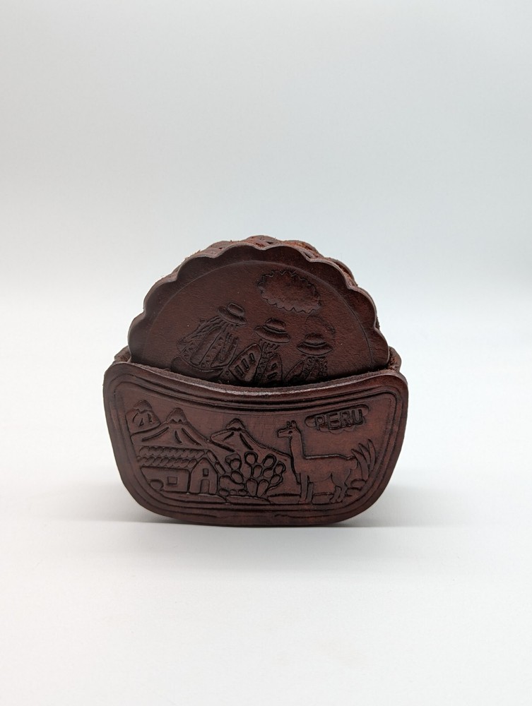 Peruvian Peru Drink Coaster & Holder Leather Tooled Set Of 6 Coasters