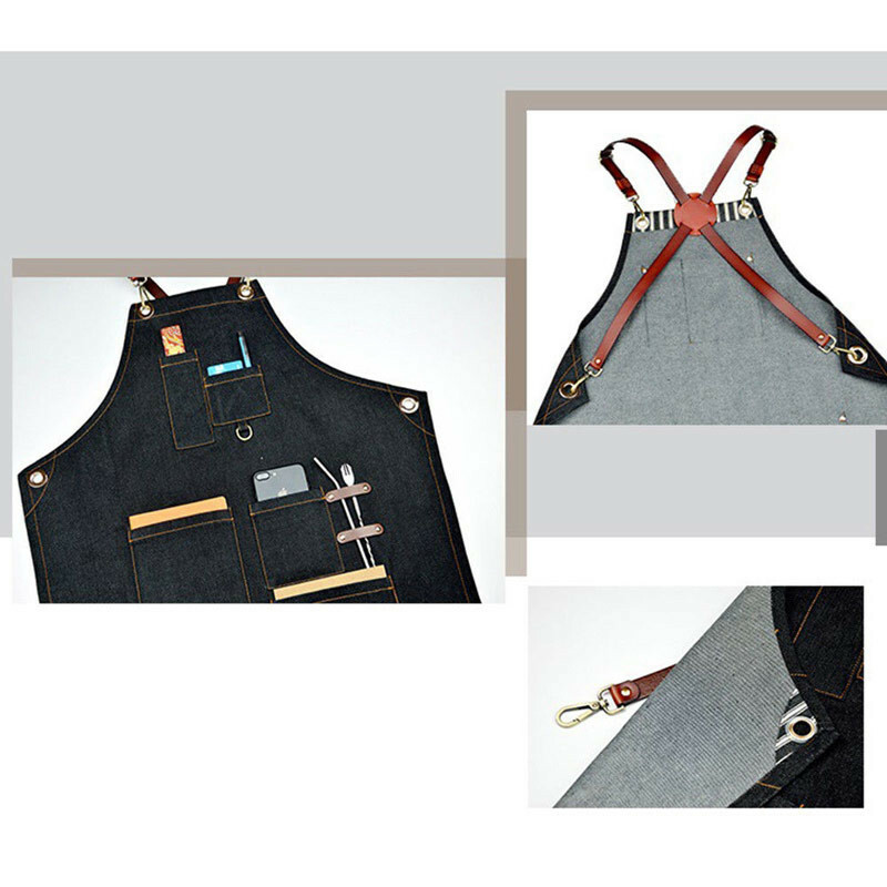 1PC Denim Bib Apron Leather Strap Barista Baker Bartender BBQ Chef Work Uniform
