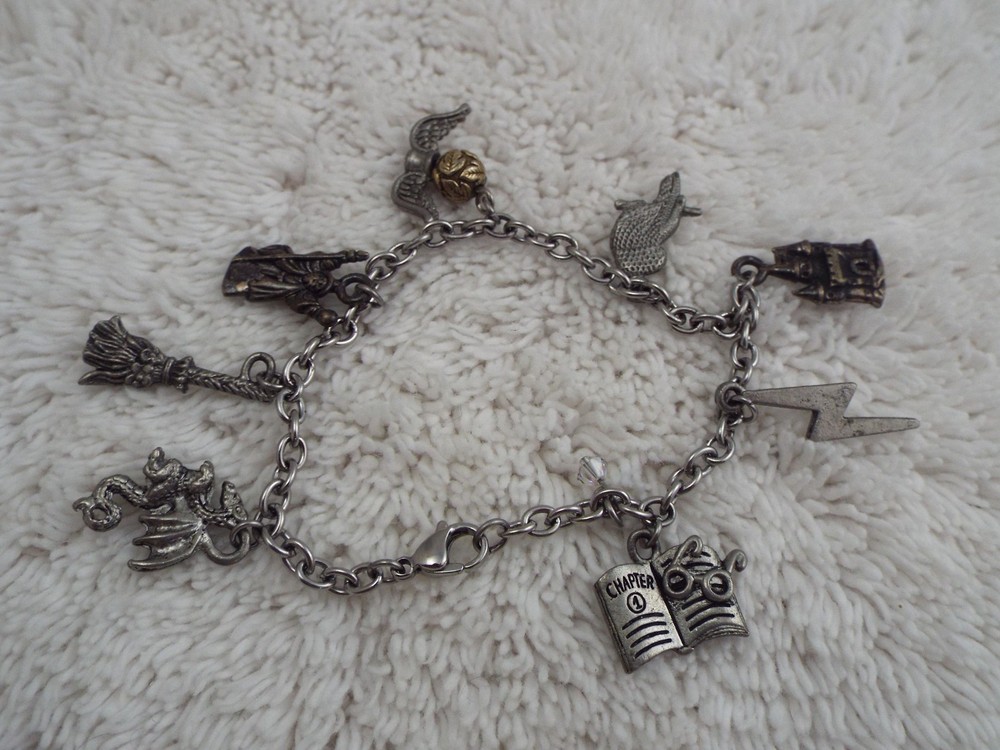 Silvertone Owl Wizard Broom Dragon + Charm Bracelet