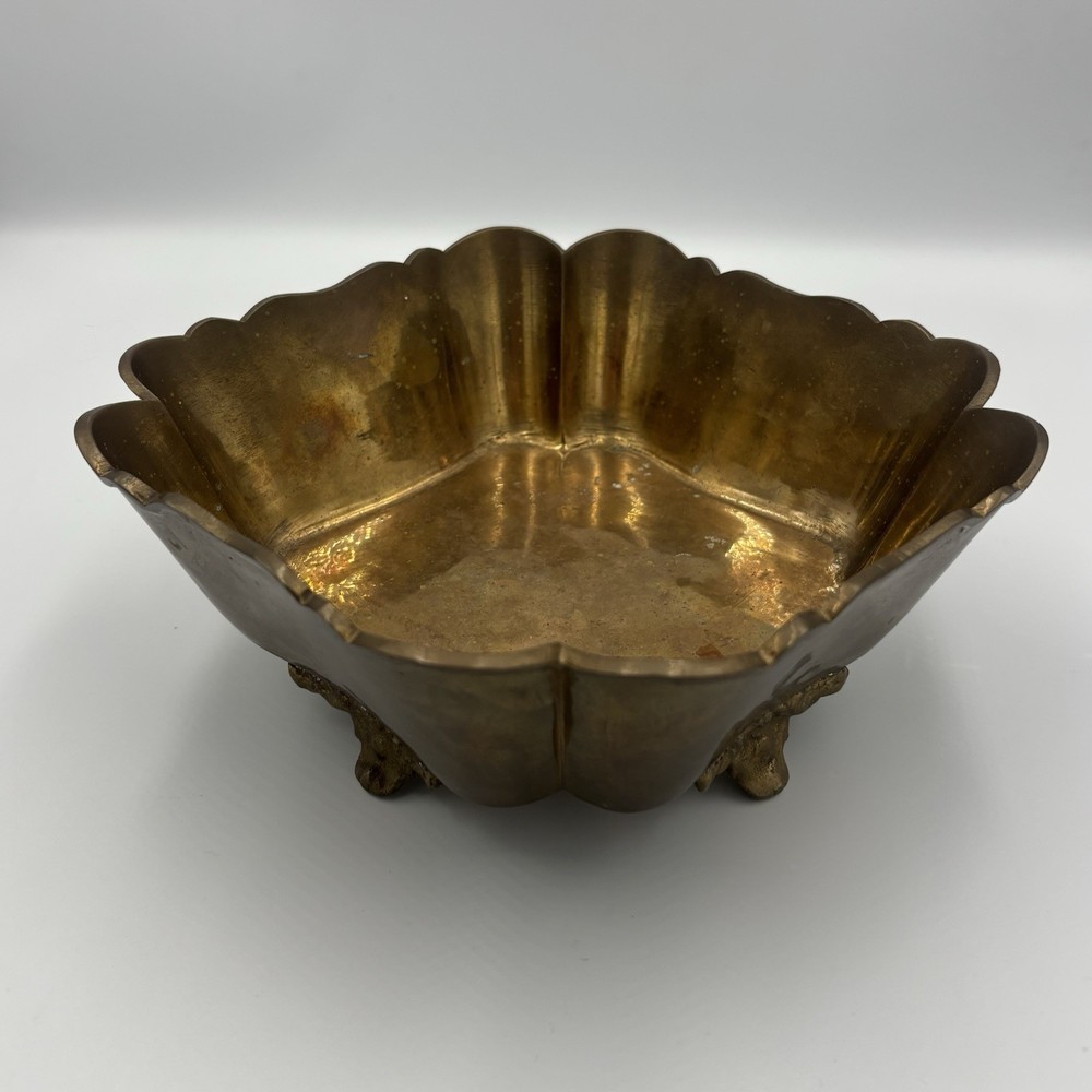 Vintage Art Deco Ornate Footed Solid Yellow Brass Square Ruffled Bowl