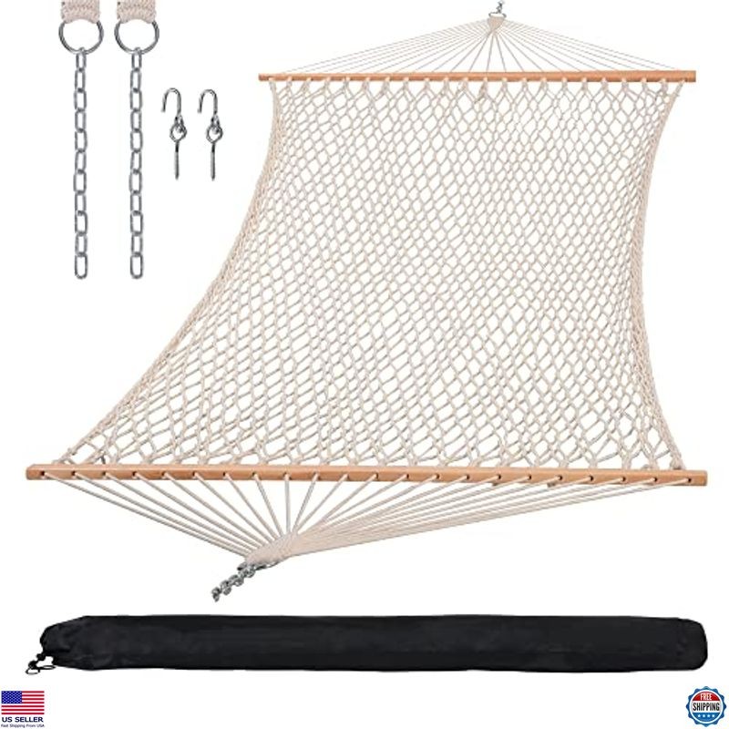 SUNCREAT Double Hammock - Classic Rope, Hardwood Spreader Bar, 450 lbs Capacity