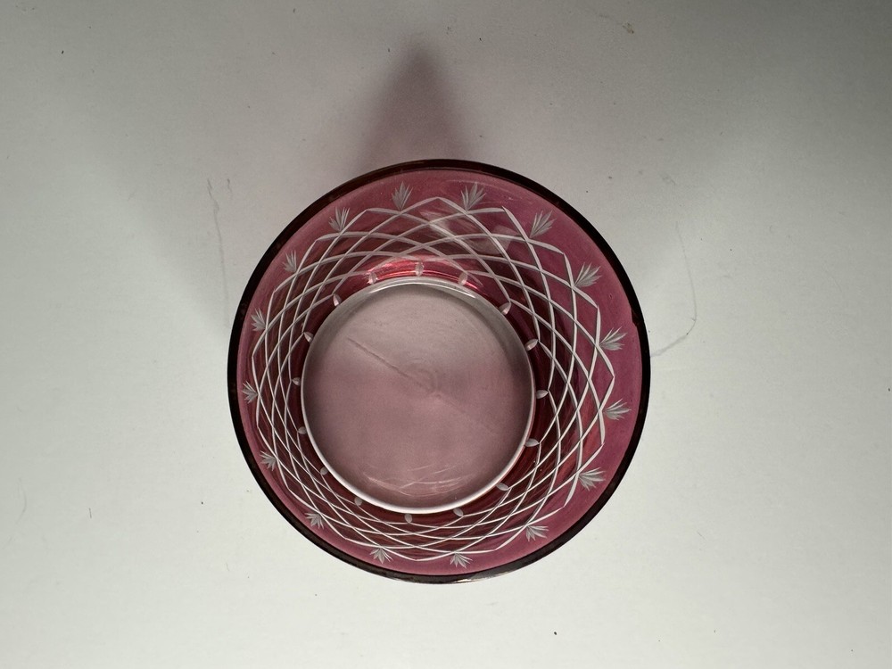 Small Cranberry Glass etched lidded jar / Chipped