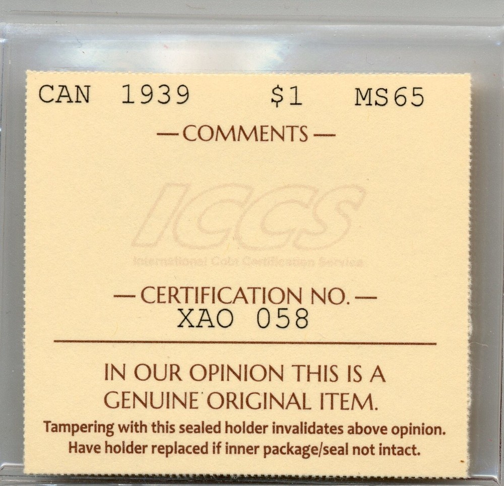 1939 Canada Silver Dollar - Gem Uncirculated, ICCS MS 65