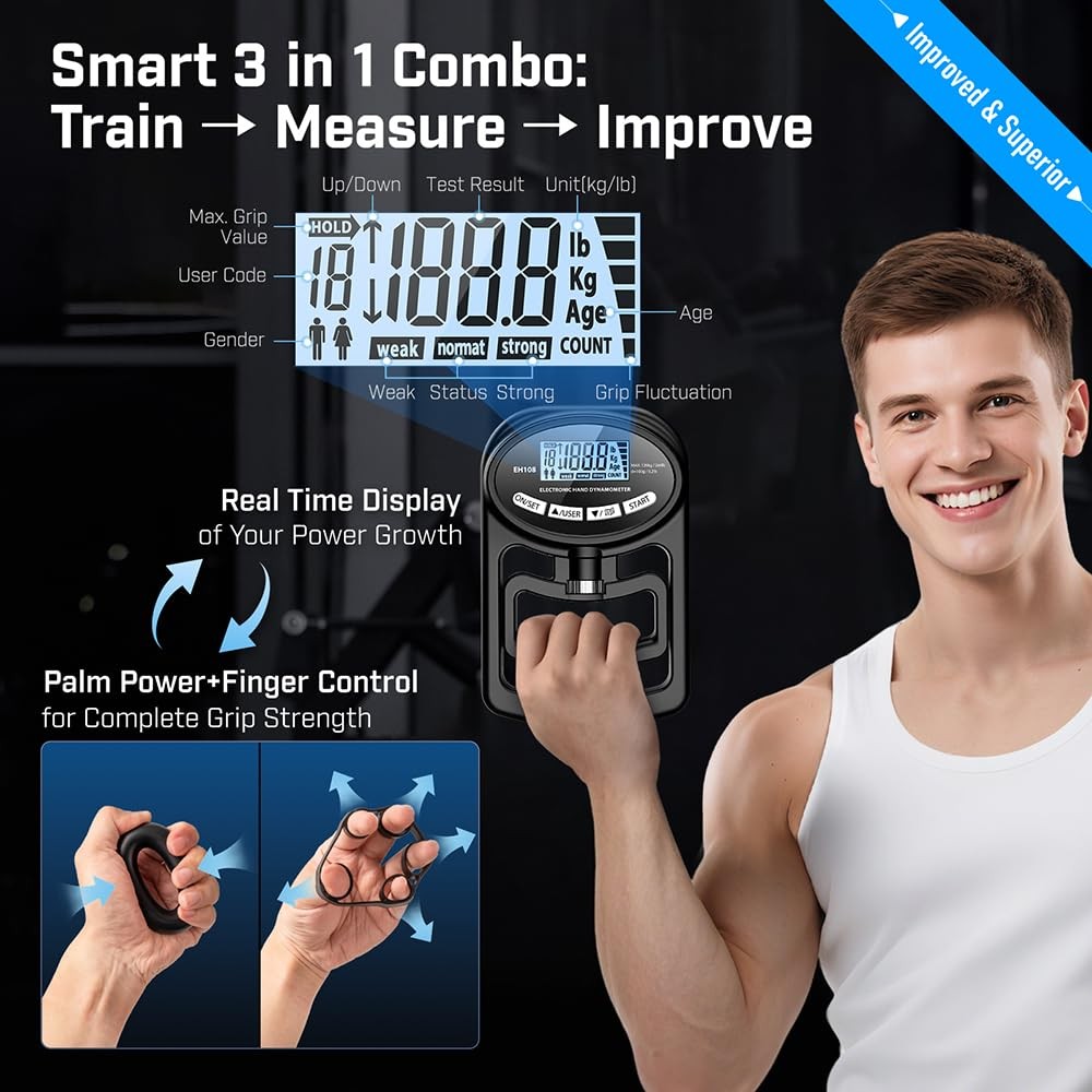 Hand Grip Strength Tester Trainer - Electronic Hand Dynamometer Forearm Grip ...