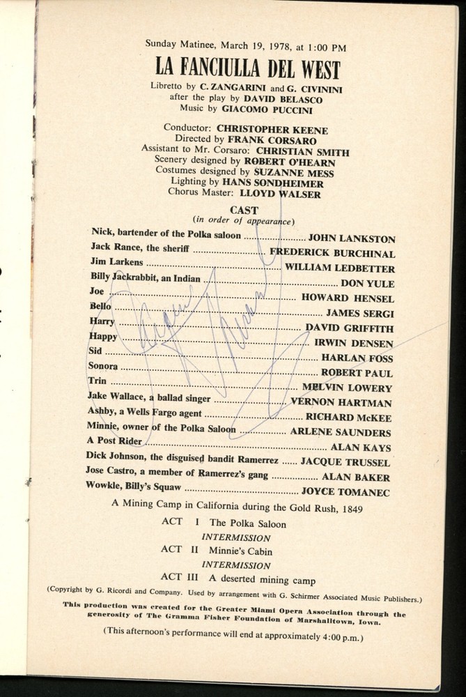 New York City Opera Autographed Program - La Fanciulla Del West