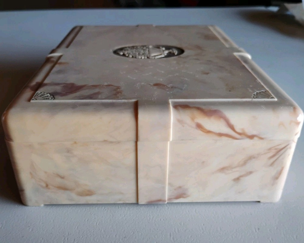 Vintage Schrafft's Marbled Plastic Candy Chocolate Hinged Box Flower Emblem