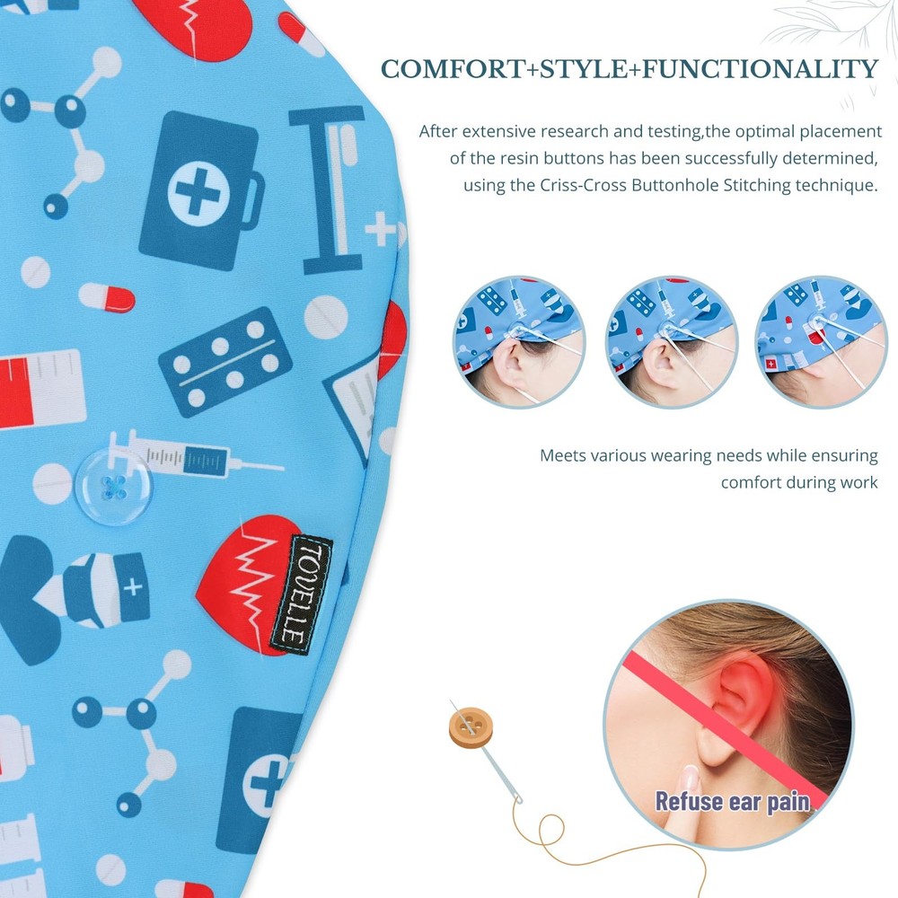 Womens Double-Sided Printed Adjustable Scrub Surgical Cap Buttons Breathable