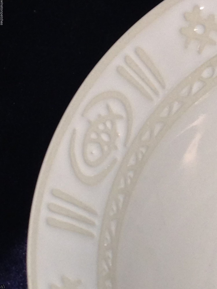 SANGO STONEWARE BISCAYNE 9 1/2" ROUND VEGETABLE BOWL TAN BORDER ON WHITE