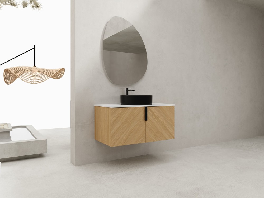36" Wood Wall-Mounted Bathroom Vanity +Black Ceramic Sink Artificial Stone Slab