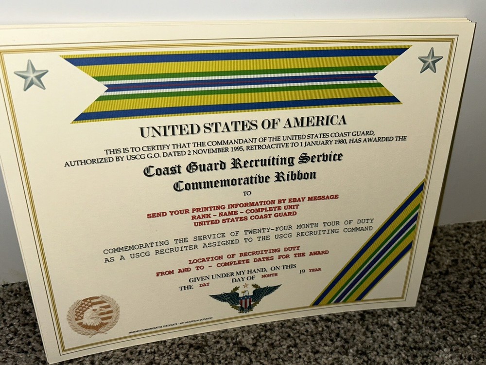 COAST GUARD RECRUITING SERVICE COMMEMORATIVE CERTIFICATE ~ W/PRINTING TYPE-1