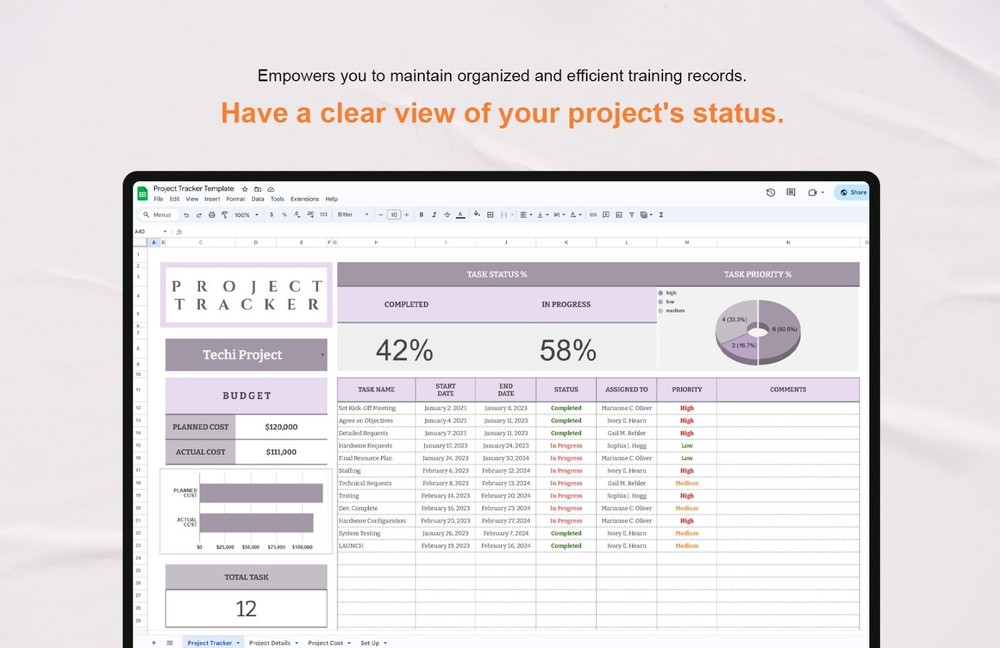 Project Tracker Excel Template | Task Management Spreadsheet | Budget planner