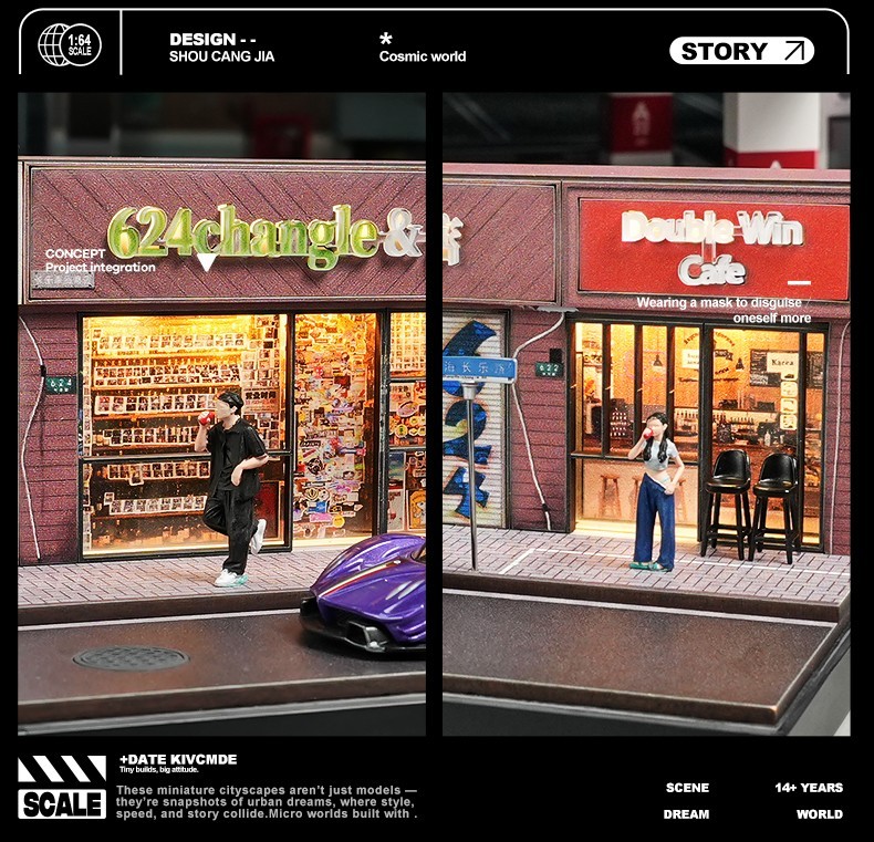 1/64 Mini Dust-Proof Simulation Light Road Stop Scene Set Model & 2 Doll Toys