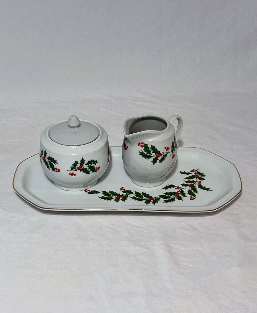 Holly Leaf & Berries Cream & Sugar Set With Serving Tray ABC Distributing