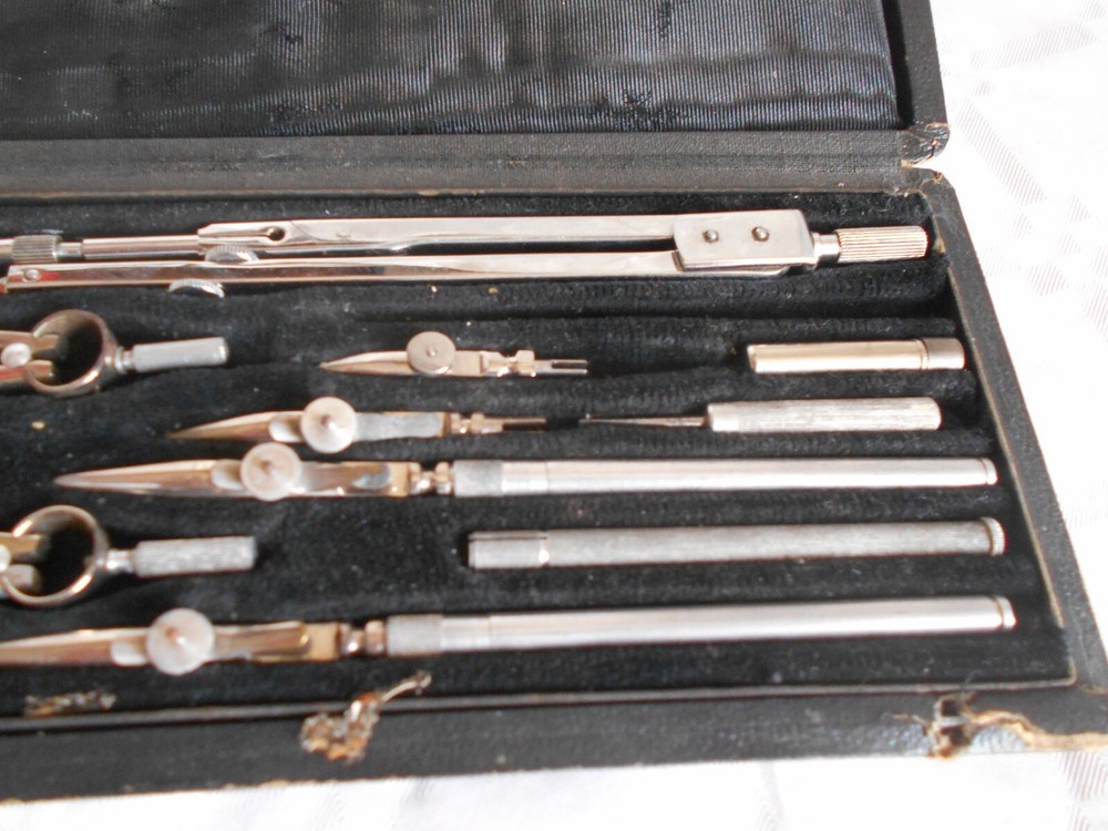 vintage draftsman's set technical drawing instruments in case french 1950s