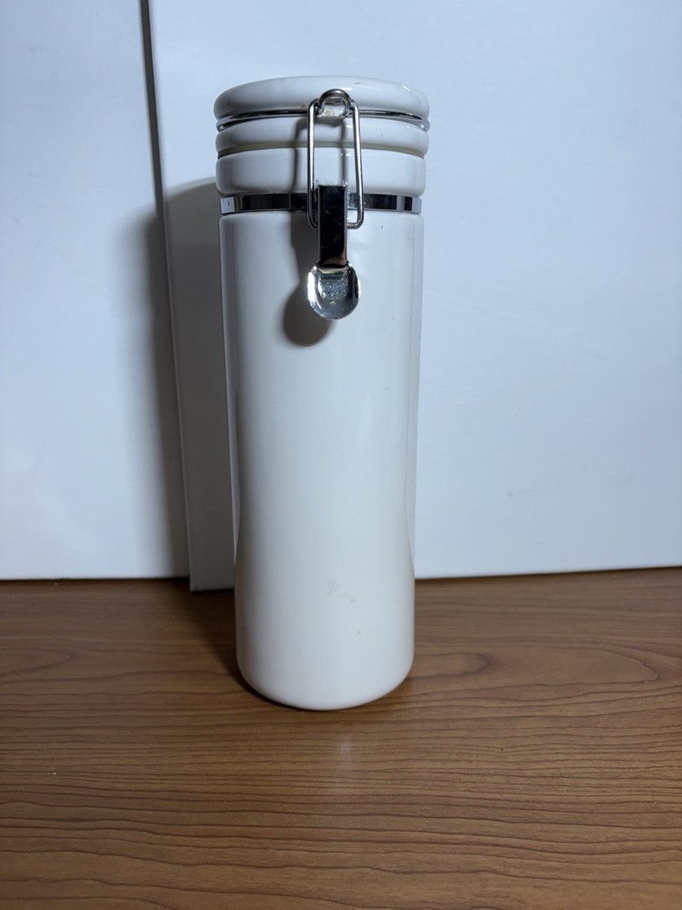 White Ceramic and Silver Latched Storage Canister 12” Nice