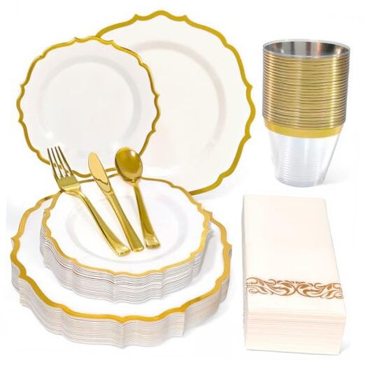 175 Plastic Dinnerware Set Disposable Dinnerware Set for 25guests(175PCS) Gold