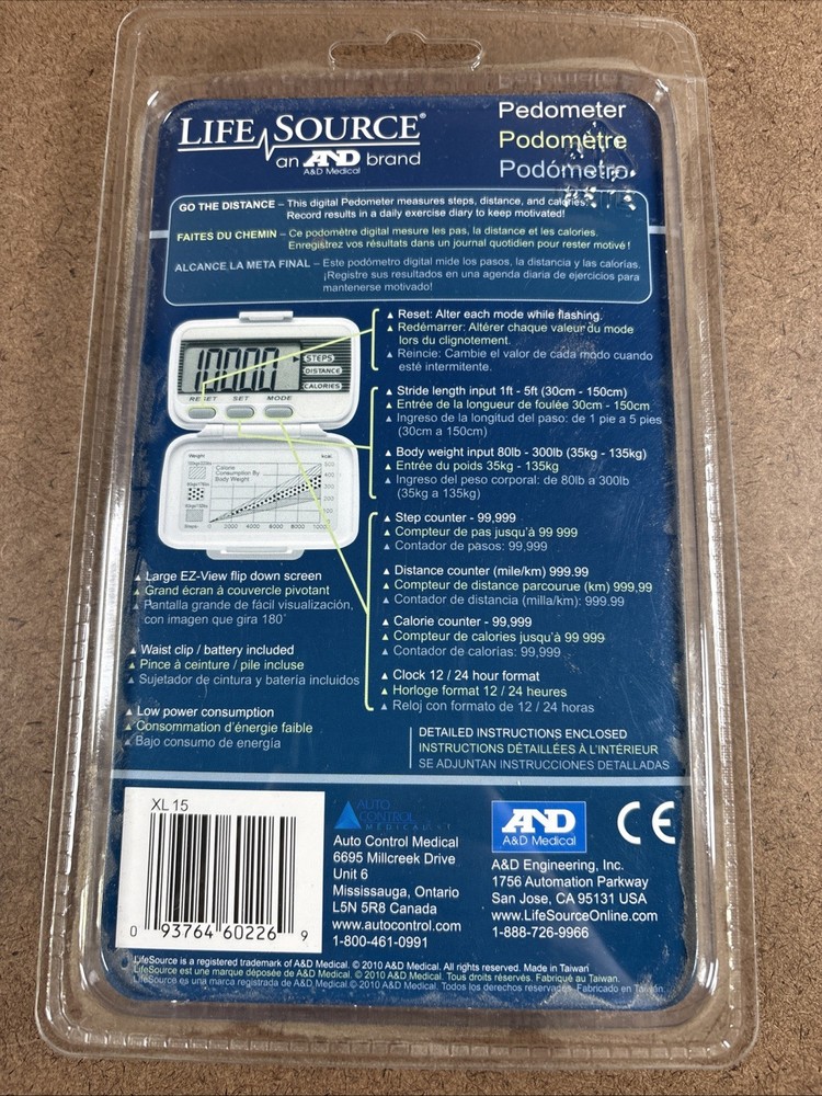 Life Source XL15 Pedometer Step Distance & Calorie Counter 12 / 24 Hour Clock