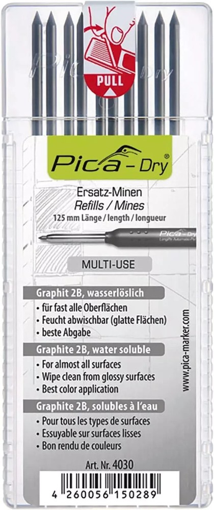 Pica Dry Graphite 2B Refill, 4030, 10 Pack 125mm
