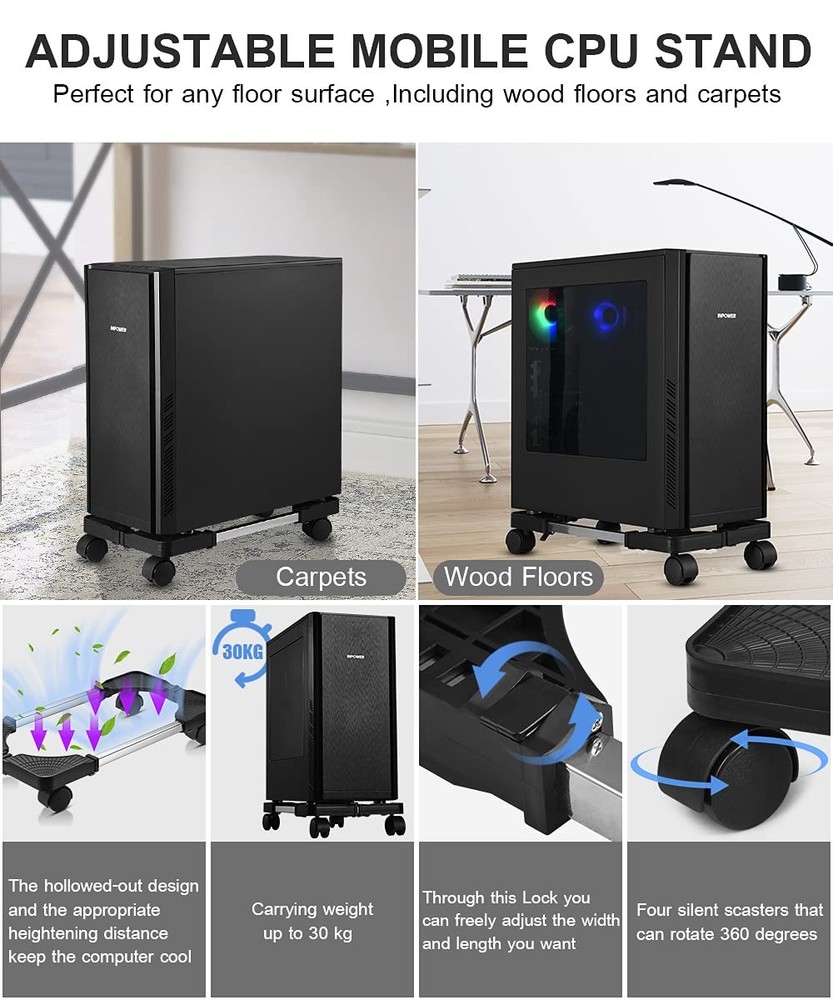 Computer Tower Stand, Adjustable Mobile CPU Stand with Rolling Caster...