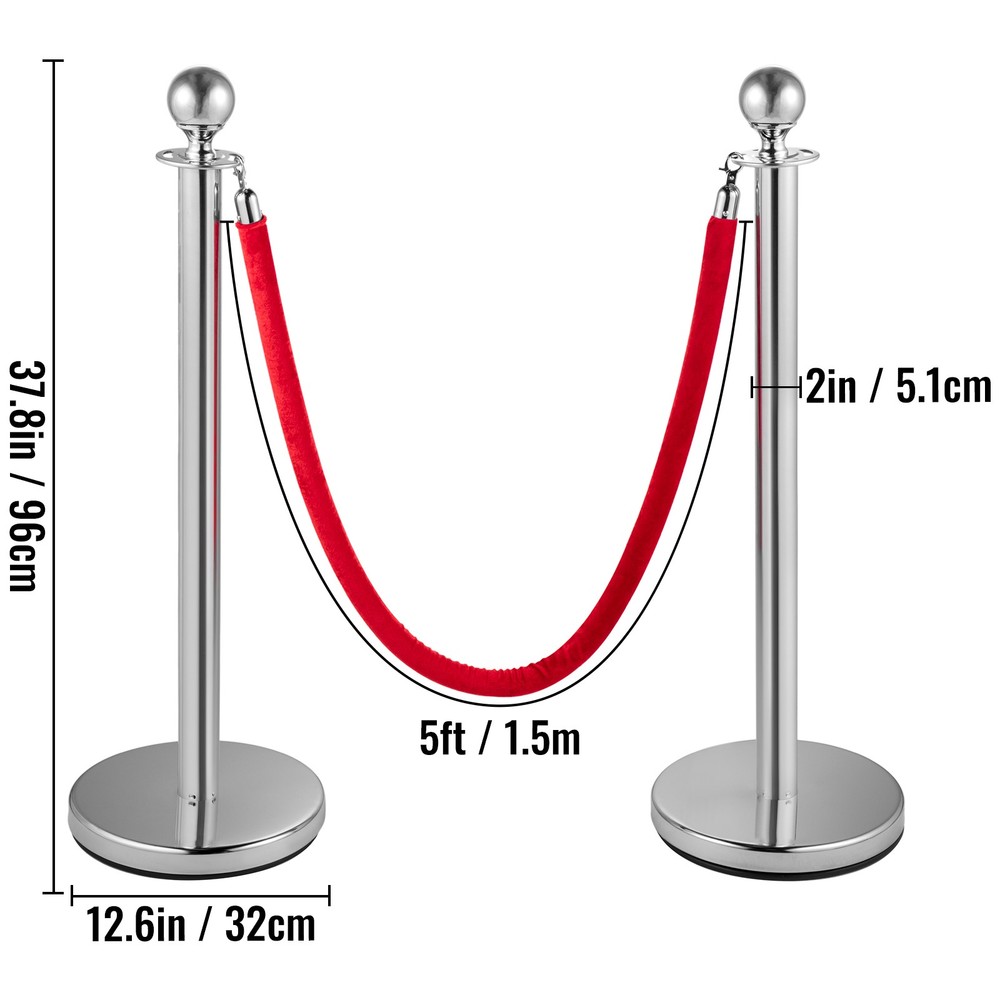 Crowd Control Stanchion Silver 4x37.8" Pack 3 Ropes Queue Posts Stable Red