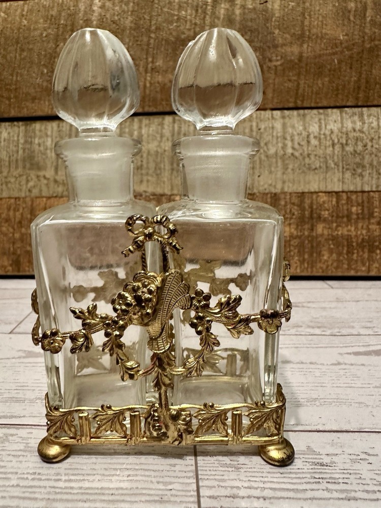 Vtg APOLLO STUDIOS Ormolu Caddy w/2 Crystal Perfume Bottles Vanity Set READ