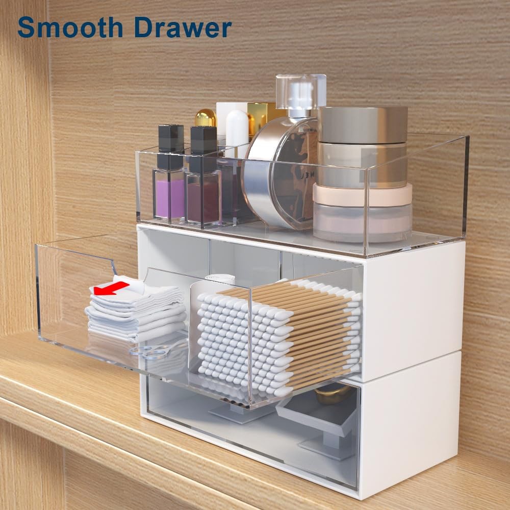 3 Pack Medicine Cabinet Organizer, Plastic Stackable Storage with 2 Drawers, ...