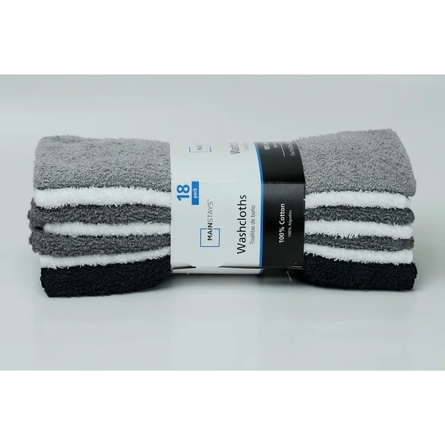 Mainstays 18-Pack Washcloth Bundle, Grey Multi