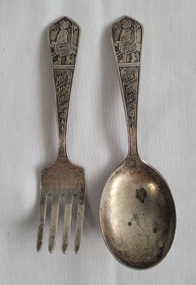 Childrens Silver Spoon & Fork Set "Mary Had A Little Lamb" Personalized on back