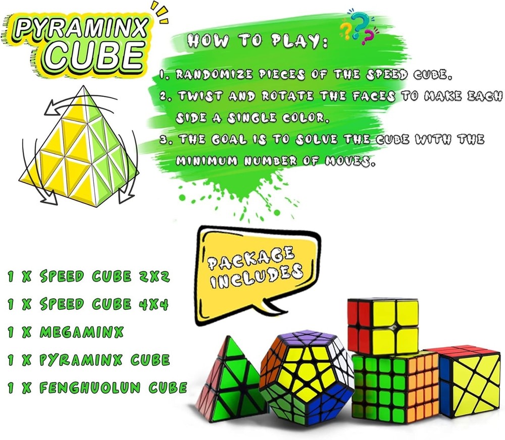 Speed Cube Set, Puzzle Cube, Magic Cube 2X2 4X4 Pyraminx Pyramid Megaminx Fenghu