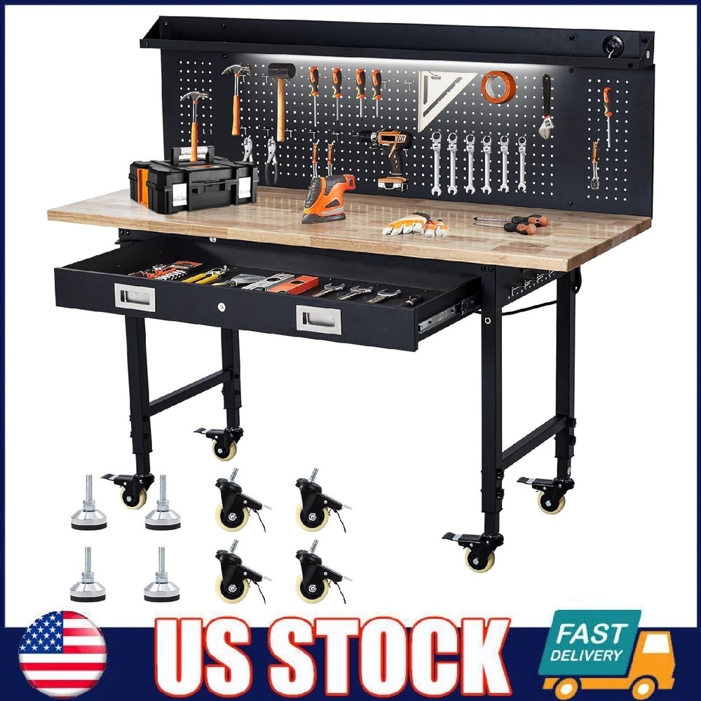 60" Adjustable Workbench ,Heavy Duty Garage Work Table with Pegboard and Drawer