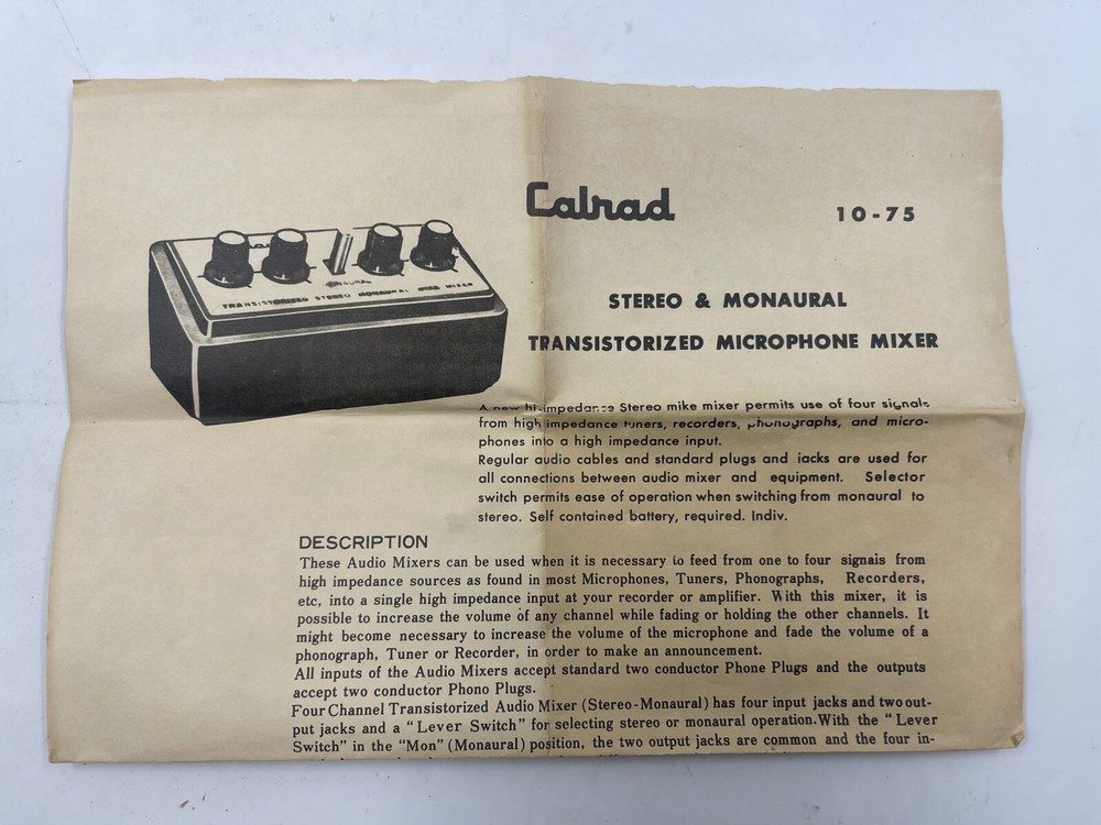 CALRAD TM-5 MIC MICROPHONE MIXER 4-CHANNEL TRANSISTORIZED