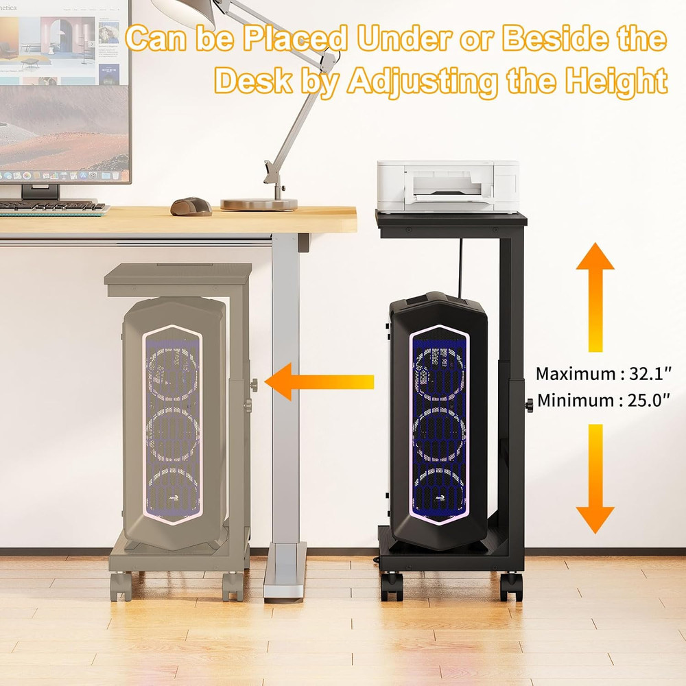 Height Adjustable Computer Tower Stand with Charging Station & Locking Wheels