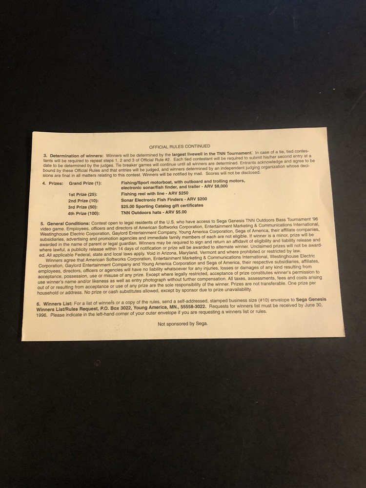Bass Tournament Sega Genesis Insert