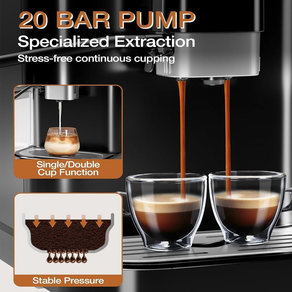 Fully Automatic Espresso Machine, 20 Bar Coffee Machine with Built-In Grinder