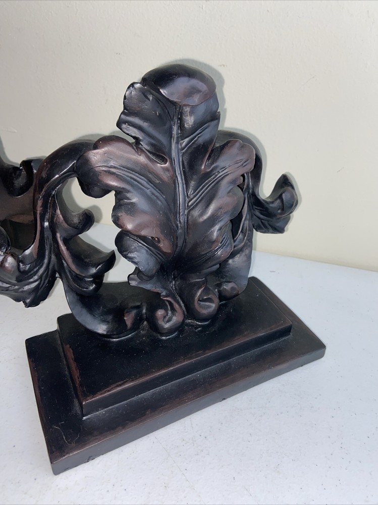 Pair Floral Scroll Carved Resin Bookends Dark Brown/Black 9”x8” Solid Decor