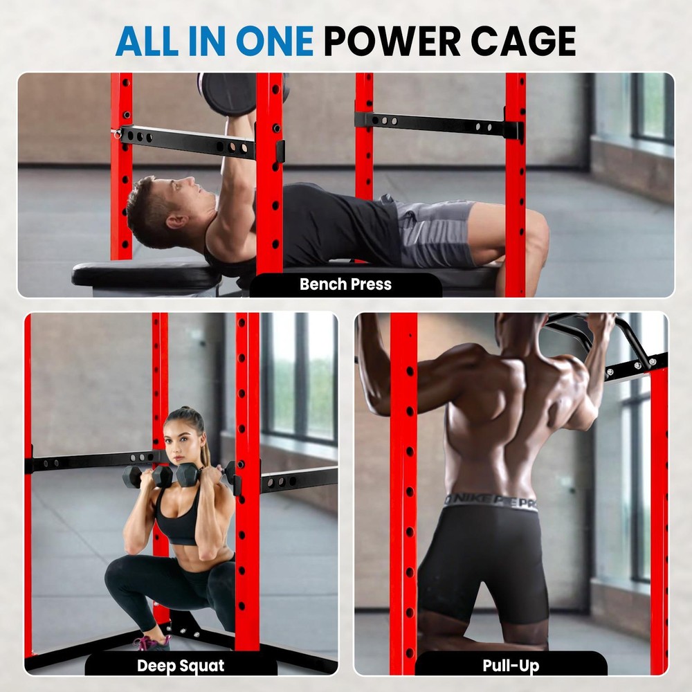 Power Cage, 1200lb Multi-Function Squat Rack Stand with Barbells 1.5x1.5" Frame