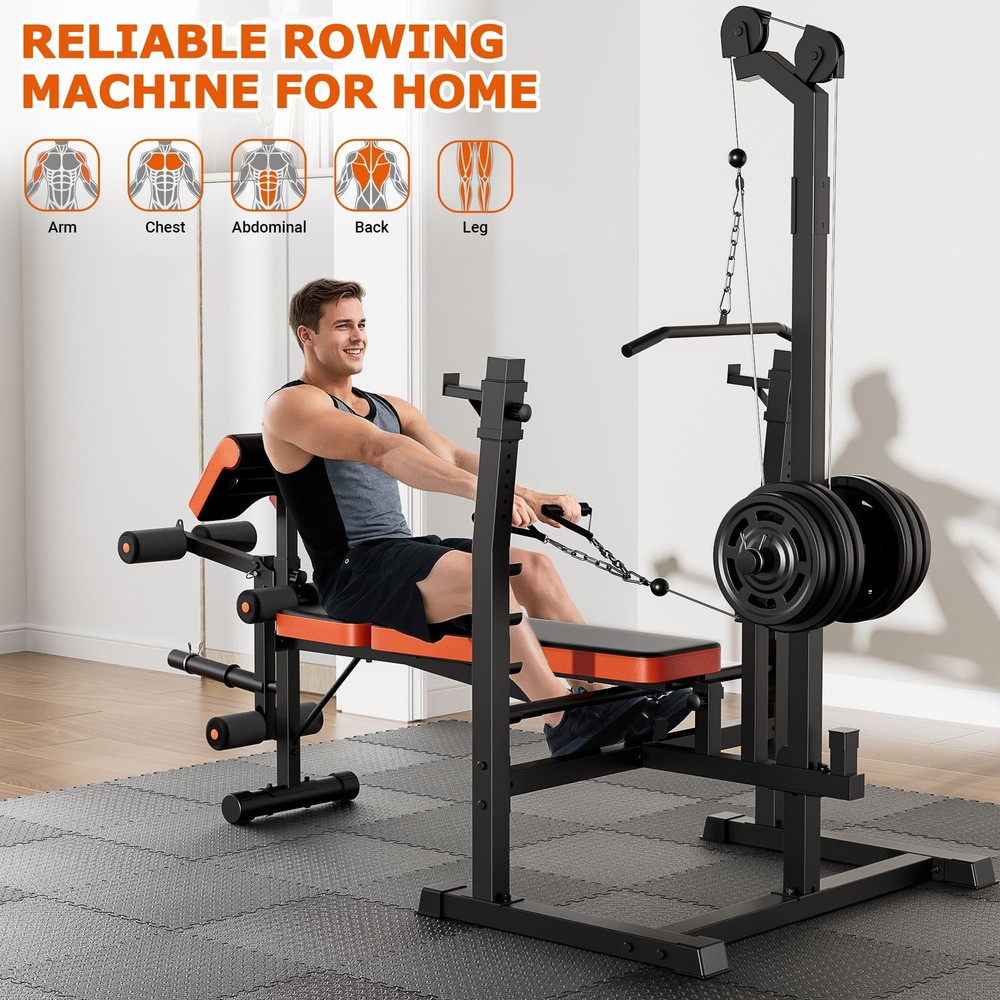 9-in-1 Adjustable Olympic Weight Bench with Lat Pulldown, Row, Squat Rack & L...