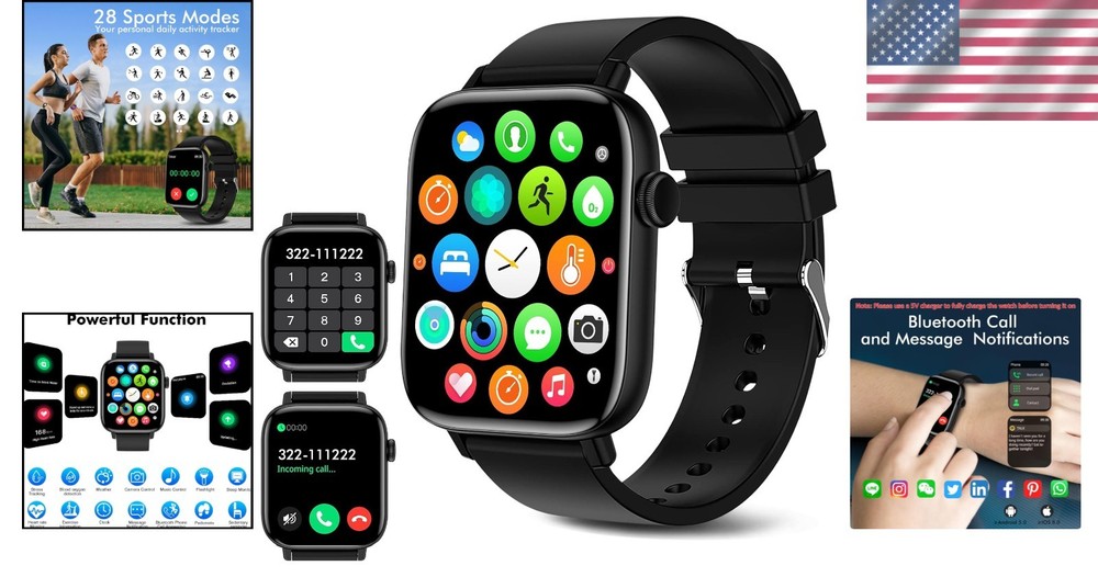 Waterproof 1.9" Smart Watch - Heart Rate & Sleep Tracker for iOS/Android