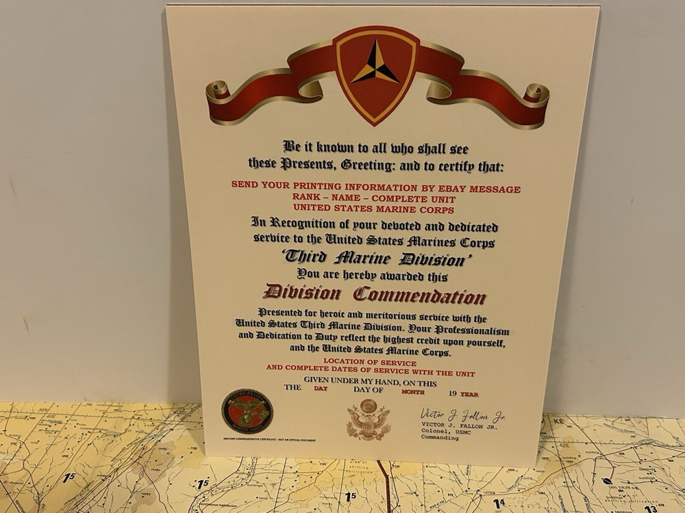 U.S.M.C. / THIRD MARINE DIVISION ~ DIVISION COMMENDATION REPLACEMENT CERTIFICATE