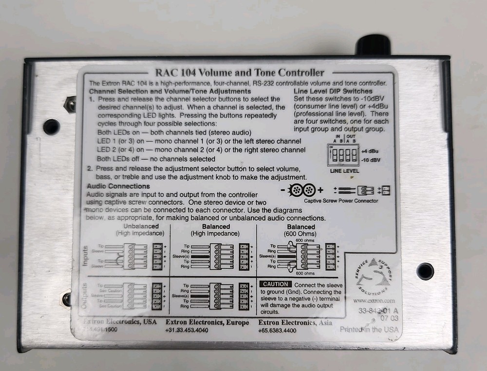 Extron RAC 104 Four-Channel Volume Tone Audio Controller - No Power Adapter
