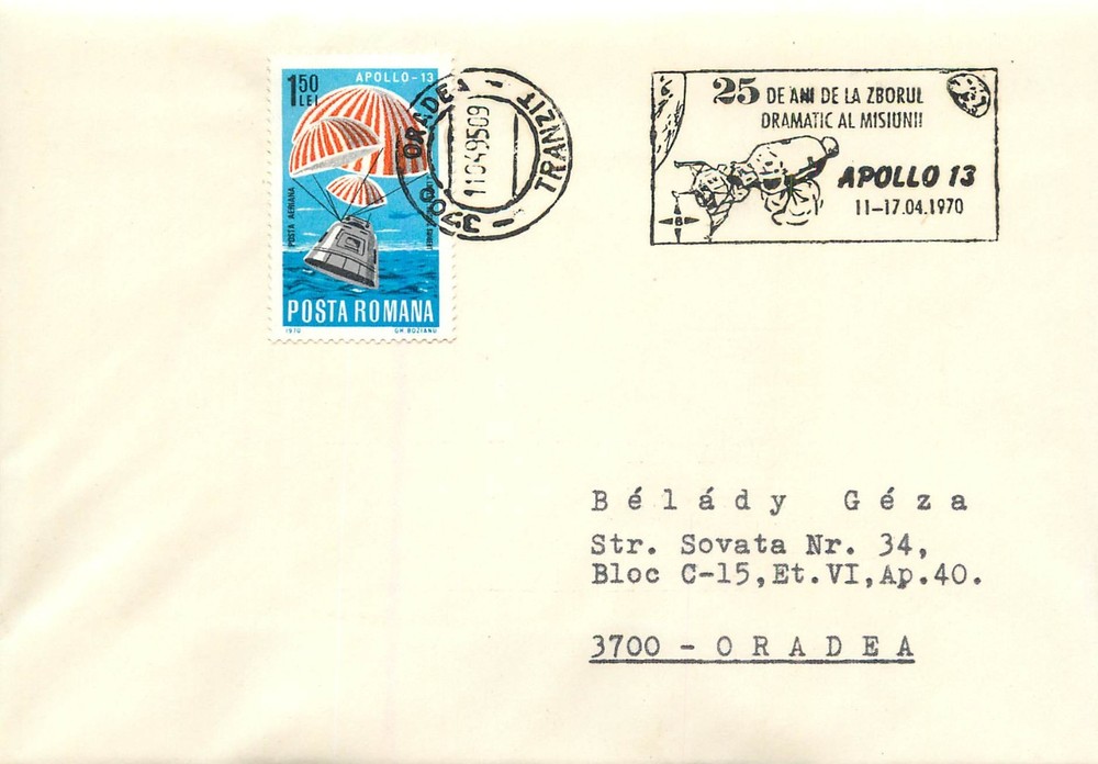 E0067 Romania postal cover Apollo 13 command module descending with parachutes