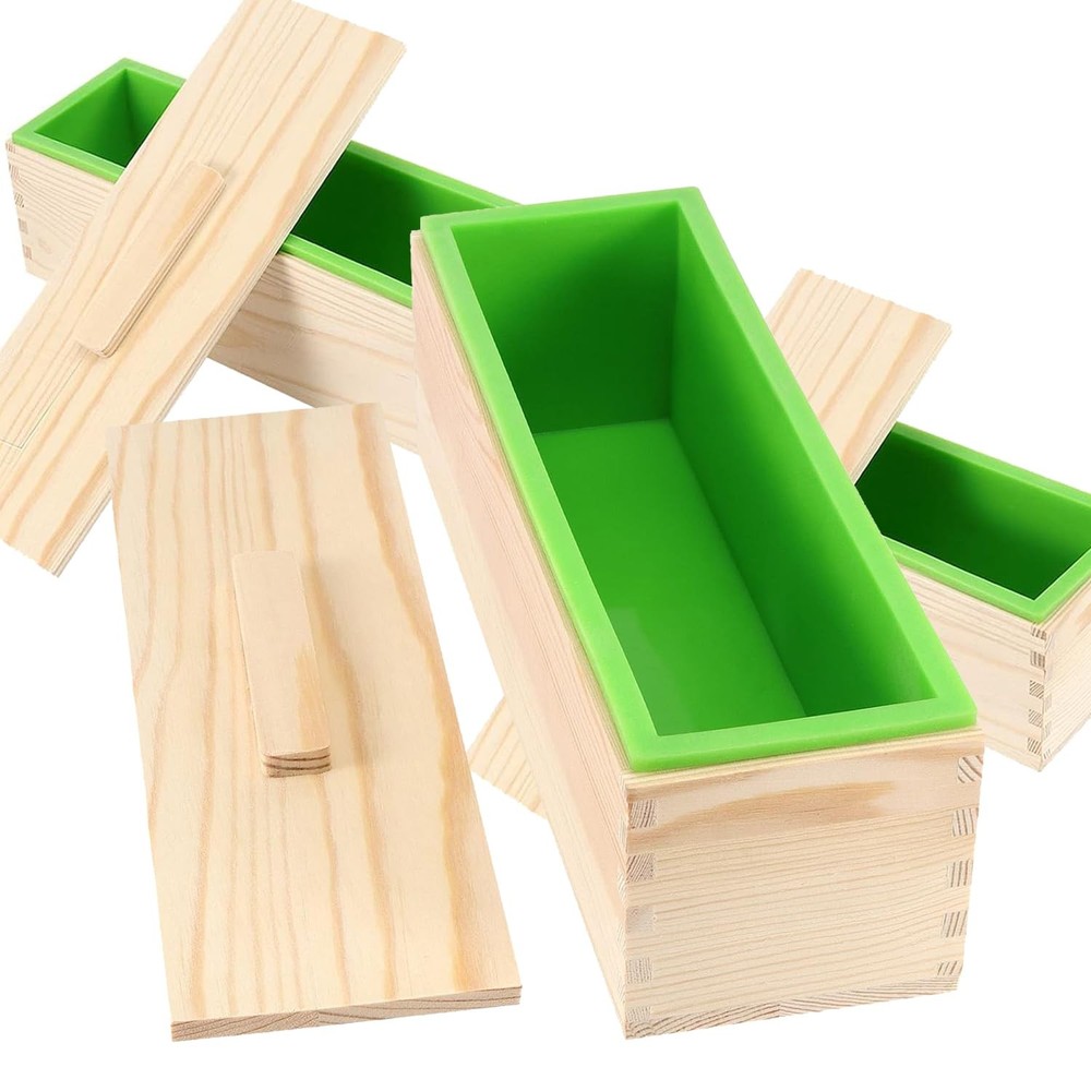 3 PCS 47oz Silicone Soap Kit Green Rectangular Loaf Mold with 3 Wooden Boxes