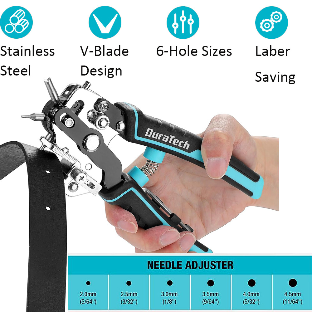 DURATECH Leather Hole Punch, Heavy Duty Belt Hole Punch Plier with 6 Solid Holes