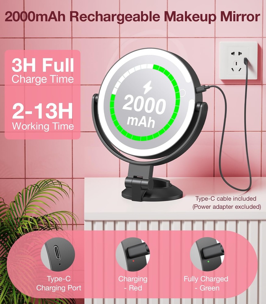 Suction Cup Magnifying Mirror with Light 10X, Wall Mounted Makeup Mirror with
